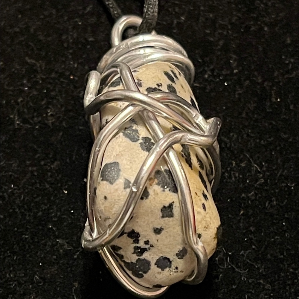 Silver Wrapped Dalmatian Stone Pendant Necklace